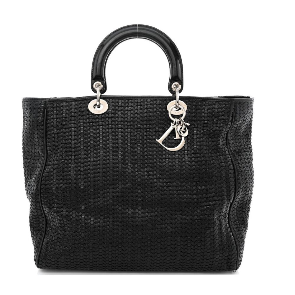 Christian Dior Tote Bag Black Lambskin Woven Large Lady Dior Leather